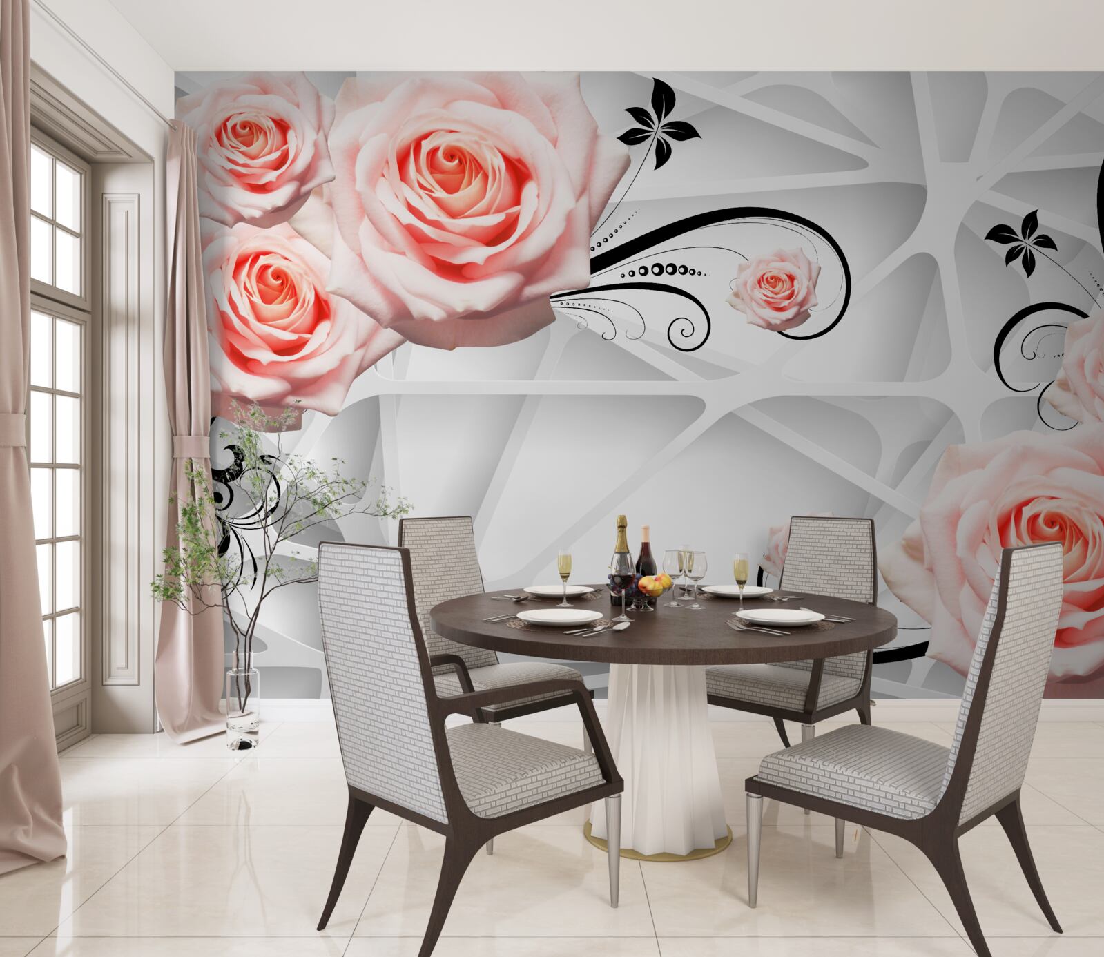 Fototapeta geometrické pozadie zdobené vetvami broskyňovej ruže