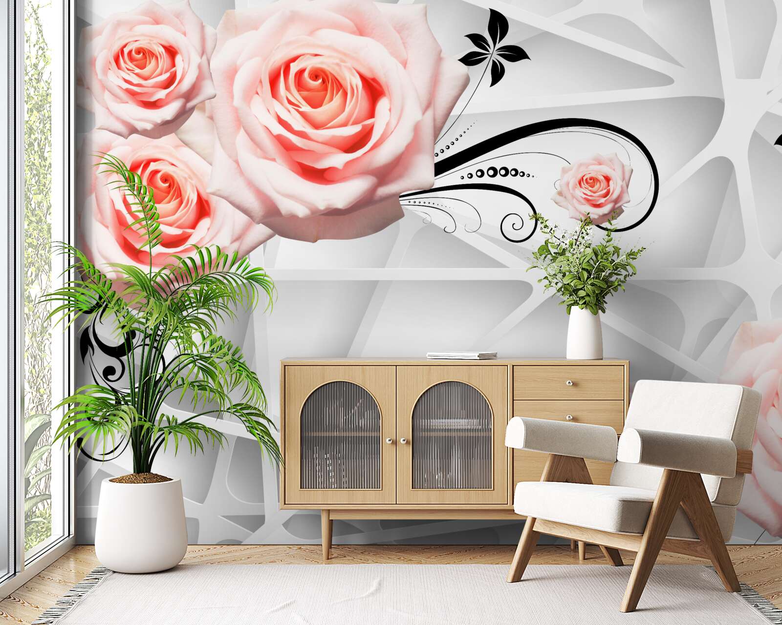 Fototapeta geometrické pozadie zdobené vetvami broskyňovej ruže