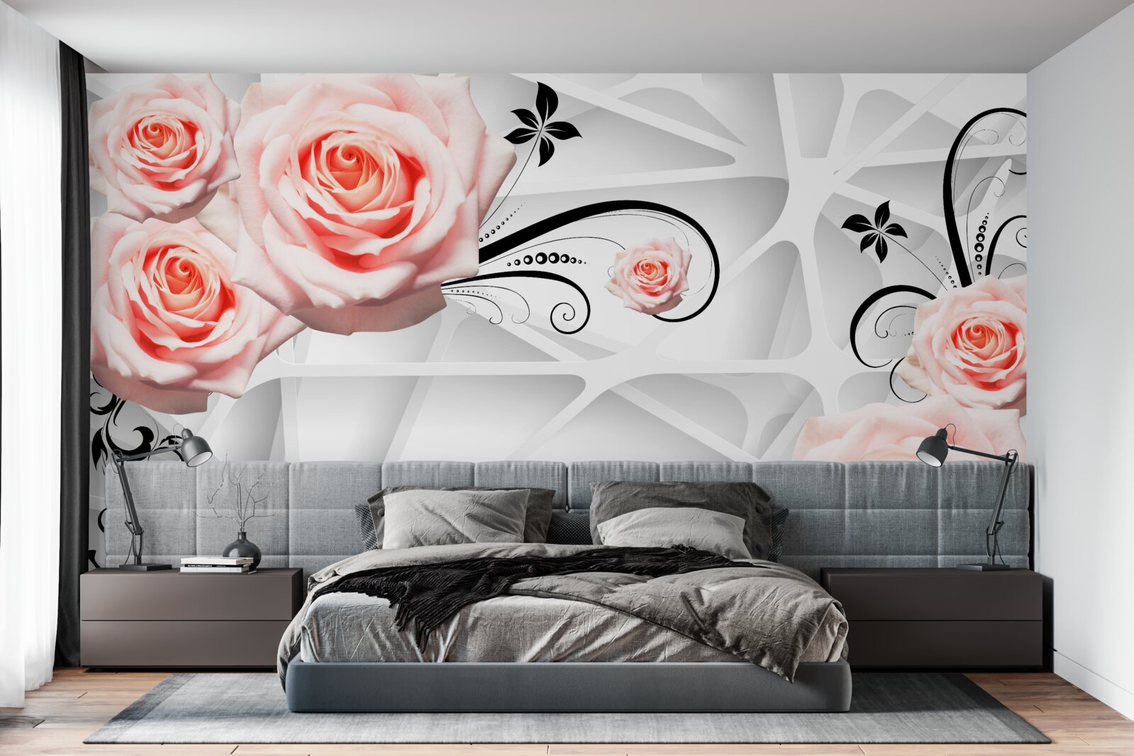 Fototapeta geometrické pozadie zdobené vetvami broskyňovej ruže