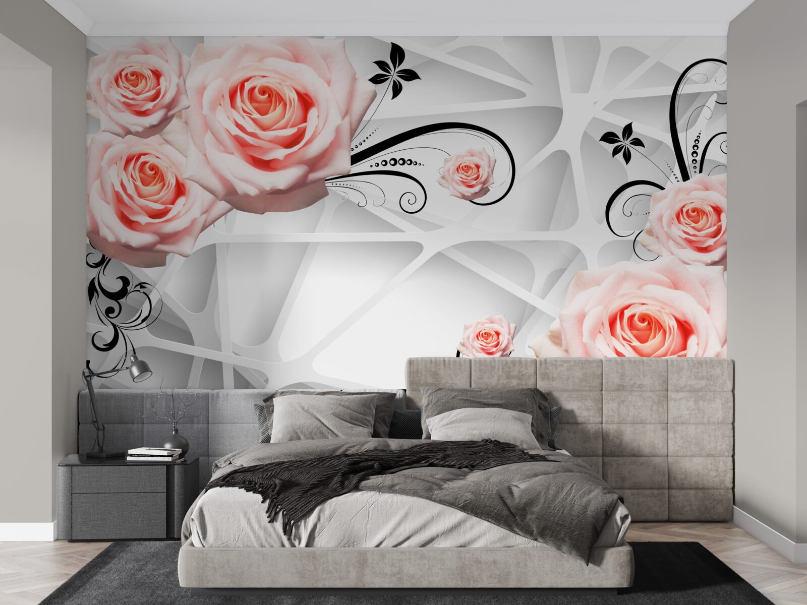 Fototapeta geometrické pozadie zdobené vetvami broskyňovej ruže