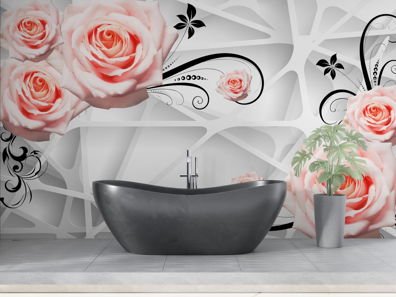 Fototapeta geometrické pozadie zdobené vetvami broskyňovej ruže