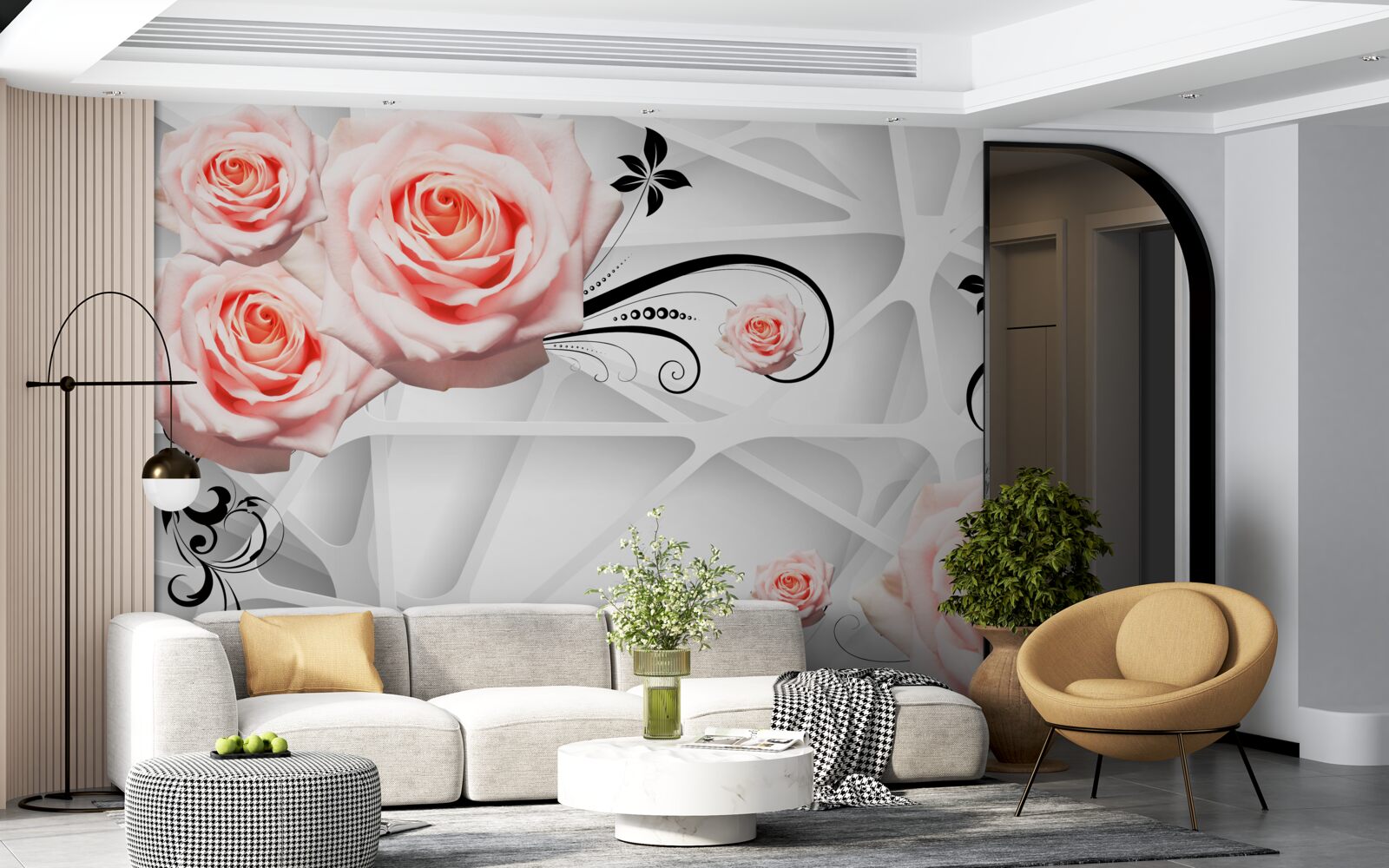 Fototapeta geometrické pozadie zdobené vetvami broskyňovej ruže