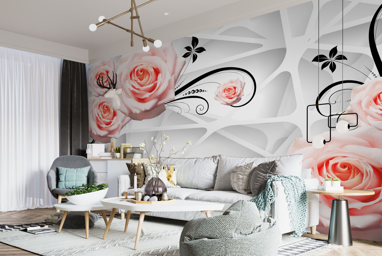 Fototapeta geometrické pozadie zdobené vetvami broskyňovej ruže