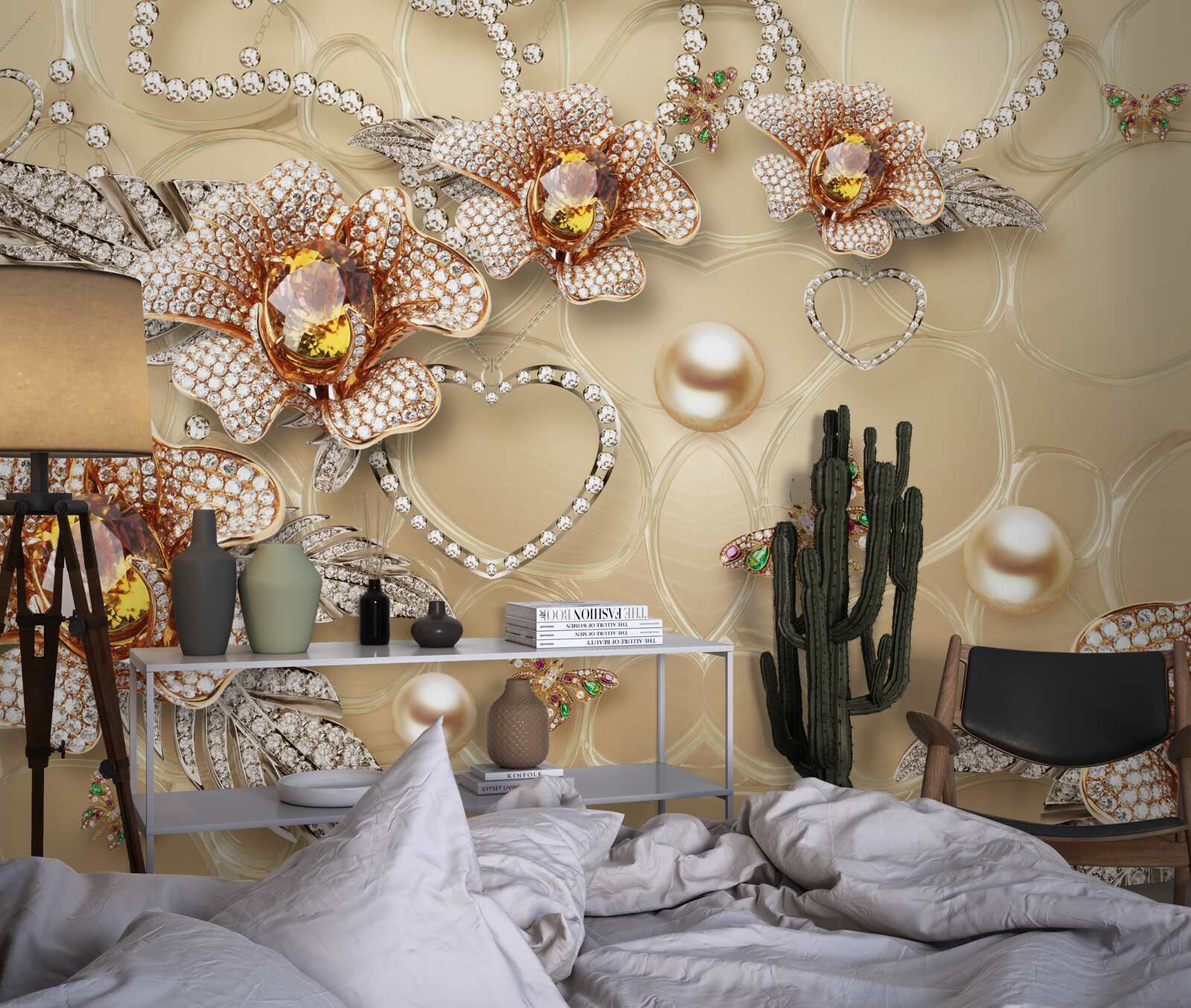 Fototapeta biele kovové kvety s perličkami