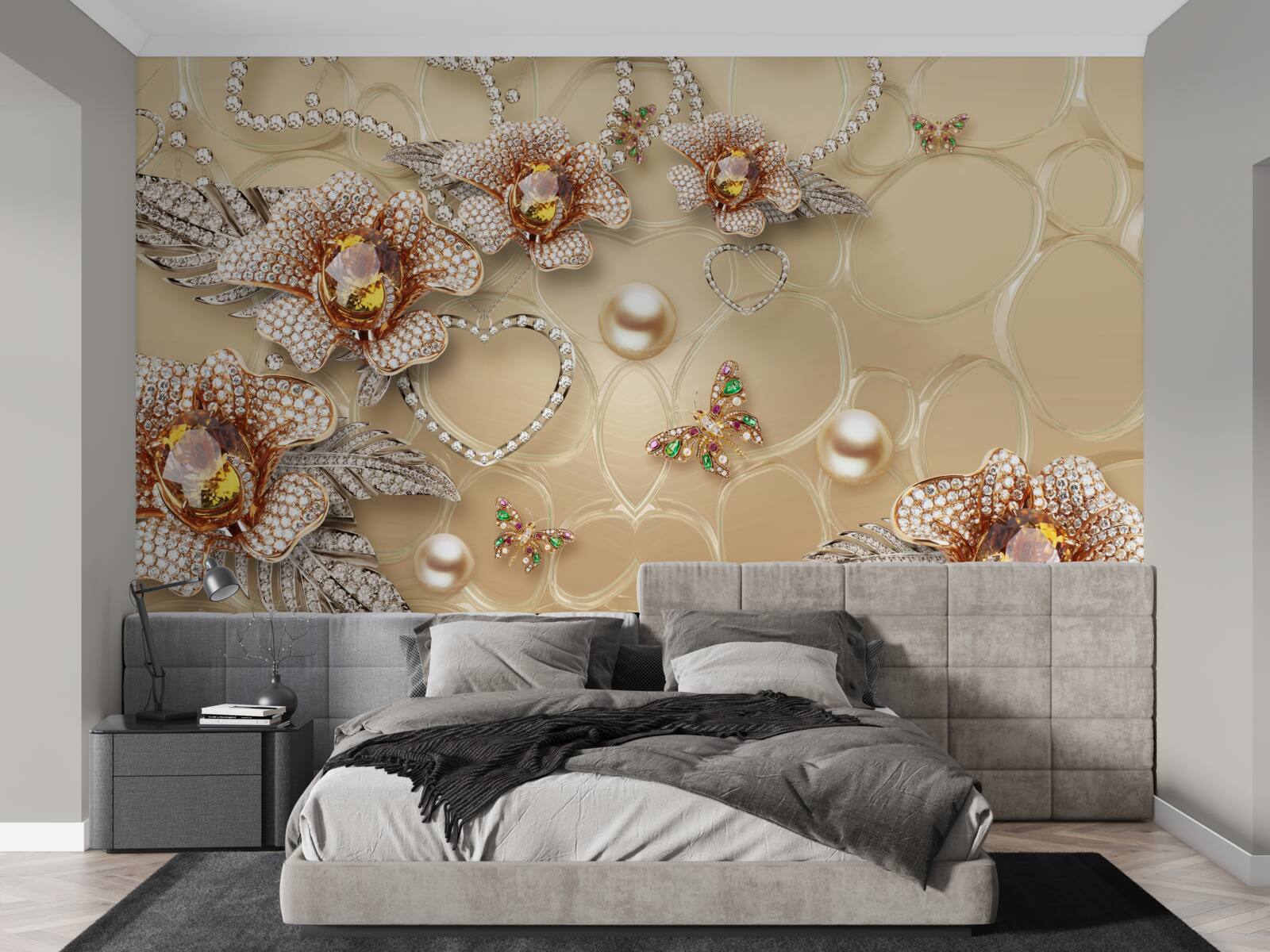 Fototapeta biele kovové kvety s perličkami