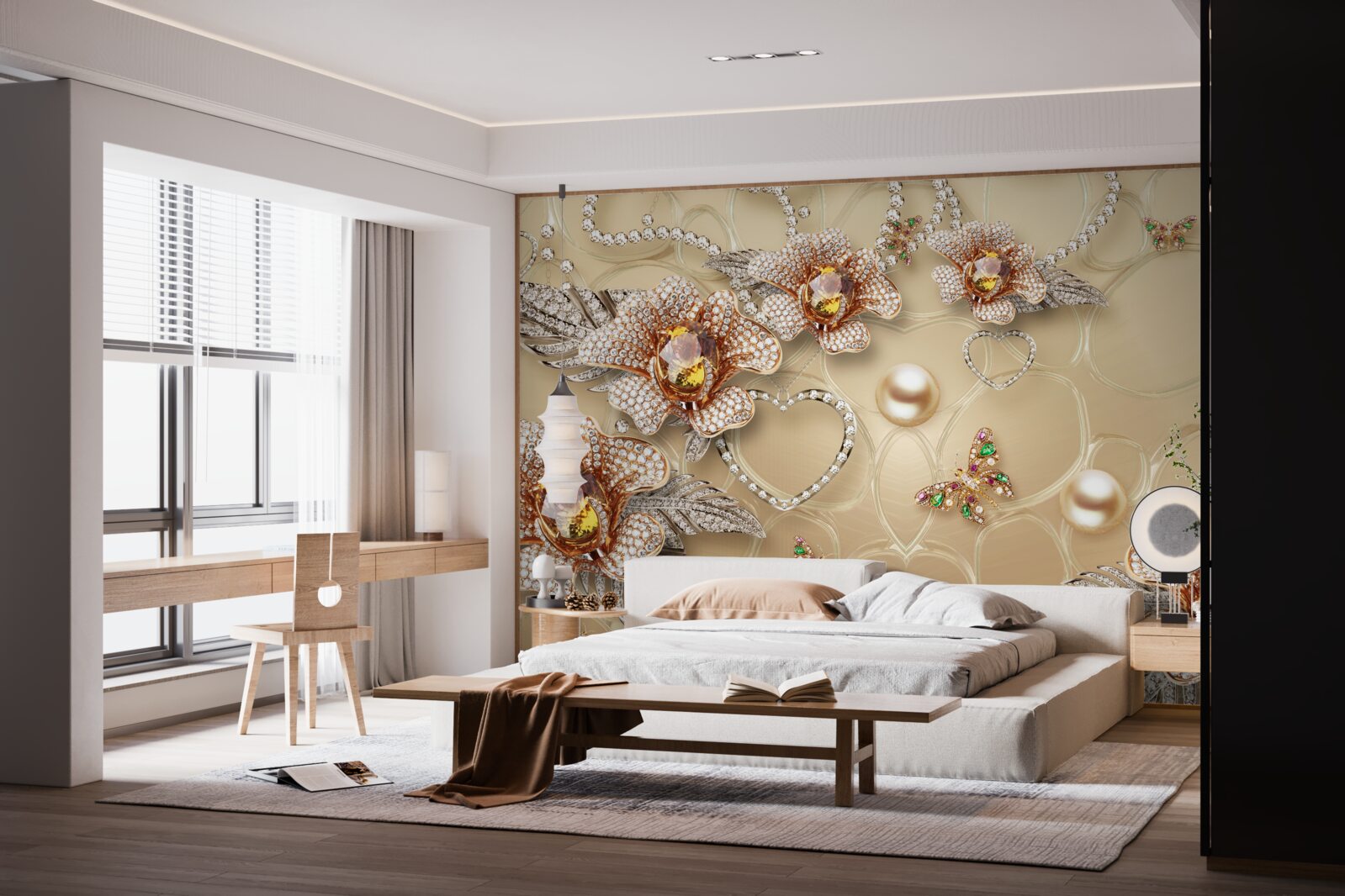 Fototapeta biele kovové kvety s perličkami