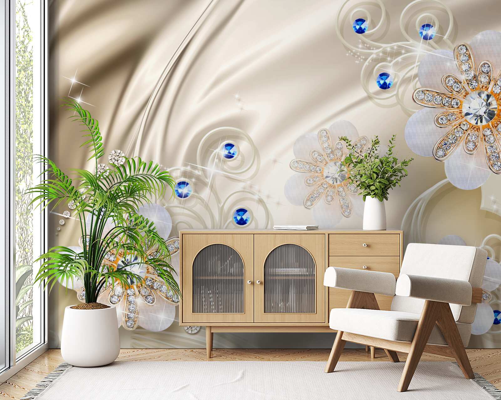 Fototapeta farebné drahokamy a labute plachtiace po vode