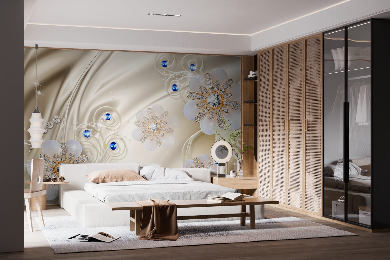 Fototapeta farebné drahokamy a labute plachtiace po vode