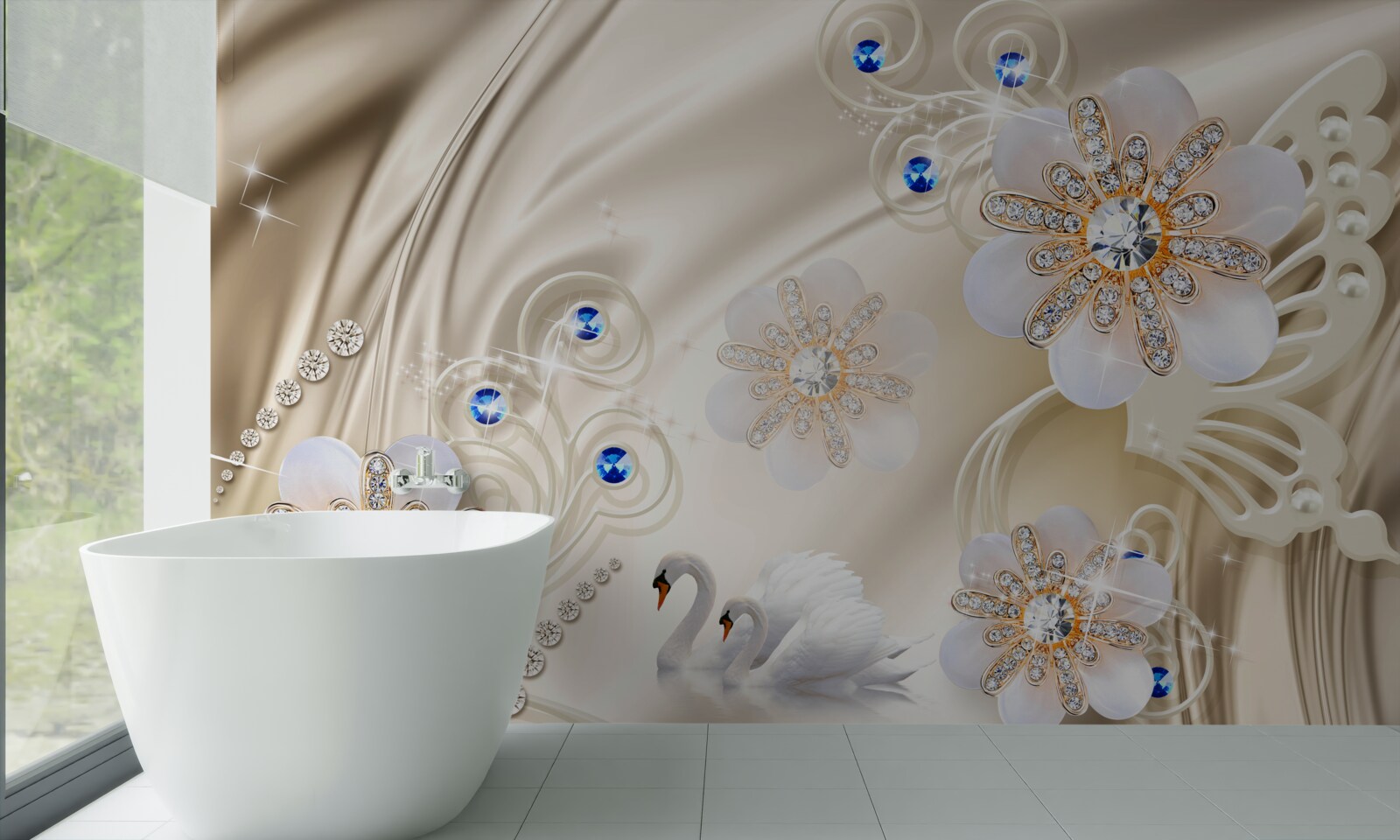 Fototapeta farebné drahokamy a labute plachtiace po vode