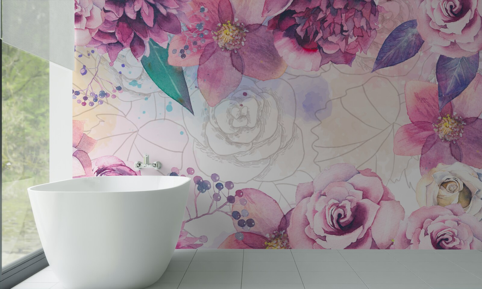 Fototapeta akvarelové pozadie s kvetmi v fialových odtieňoch