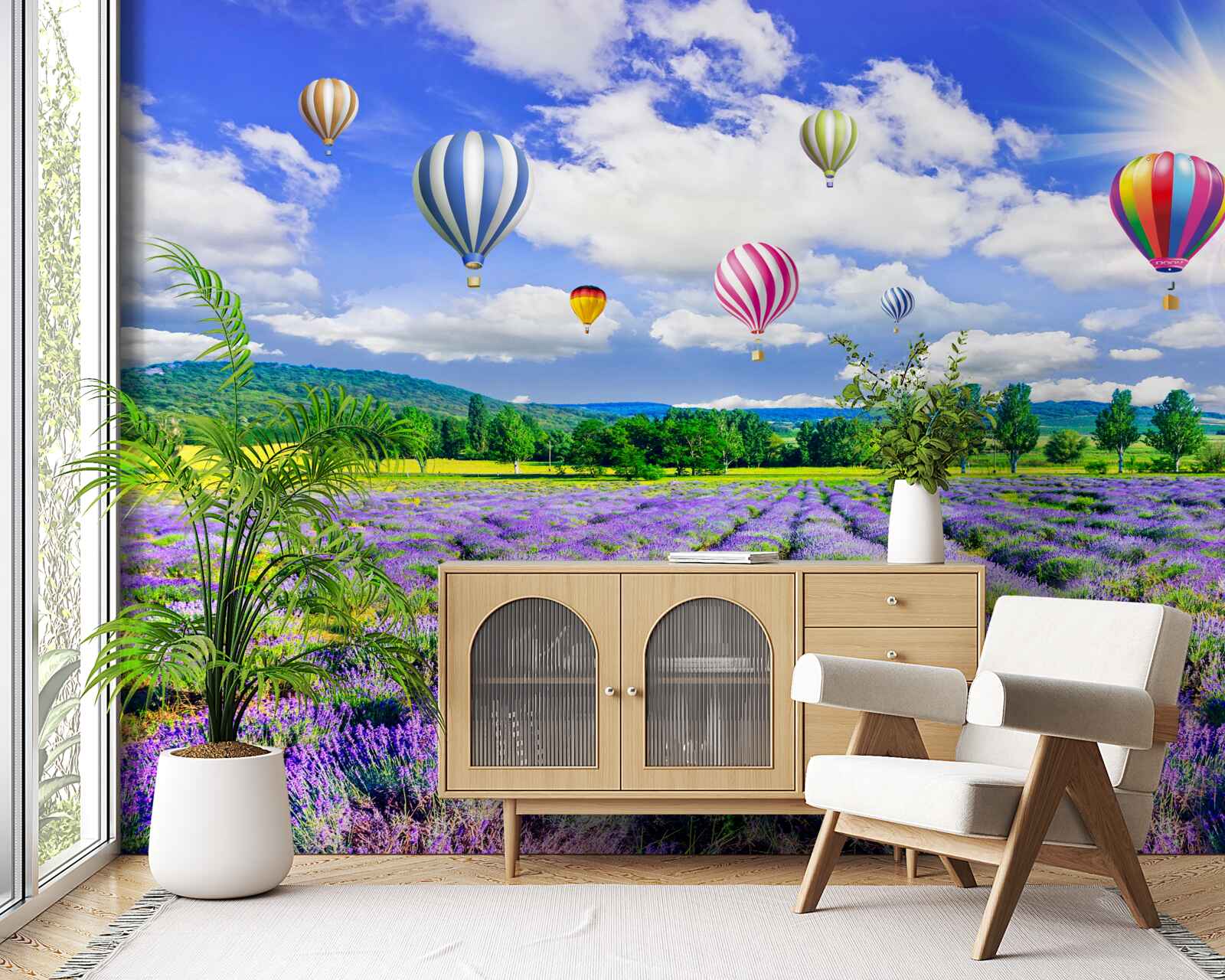 Fototapeta let balónom nad levanduľovým poľom