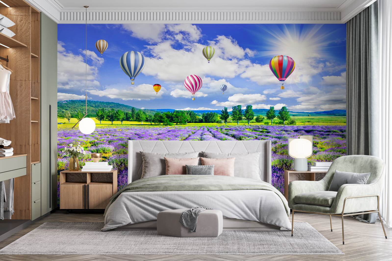 Fototapeta let balónom nad levanduľovým poľom