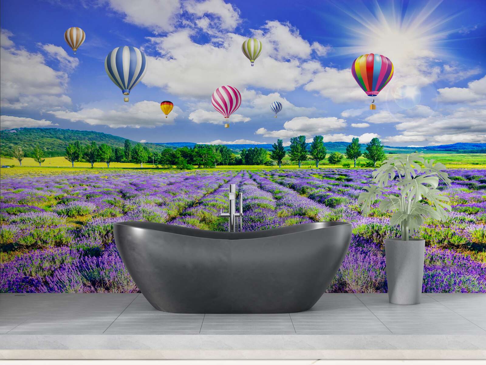 Fototapeta let balónom nad levanduľovým poľom