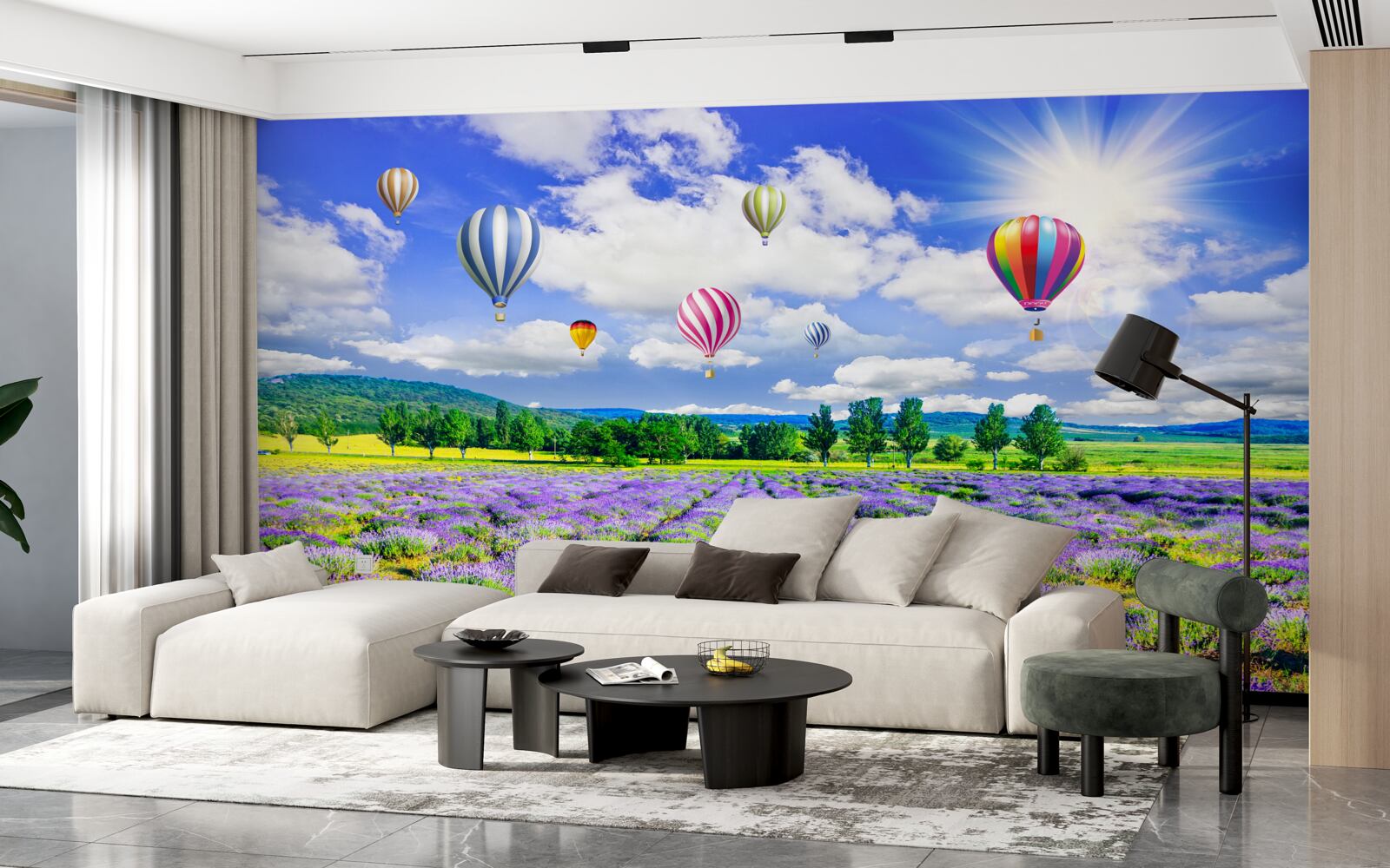Fototapeta let balónom nad levanduľovým poľom