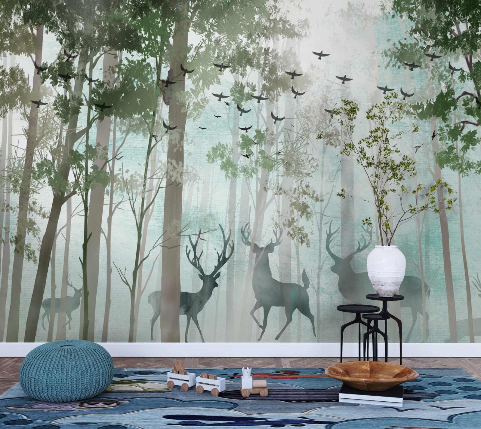 Fototapeta skupinka jeleňov víta ráno v hmlistom lese