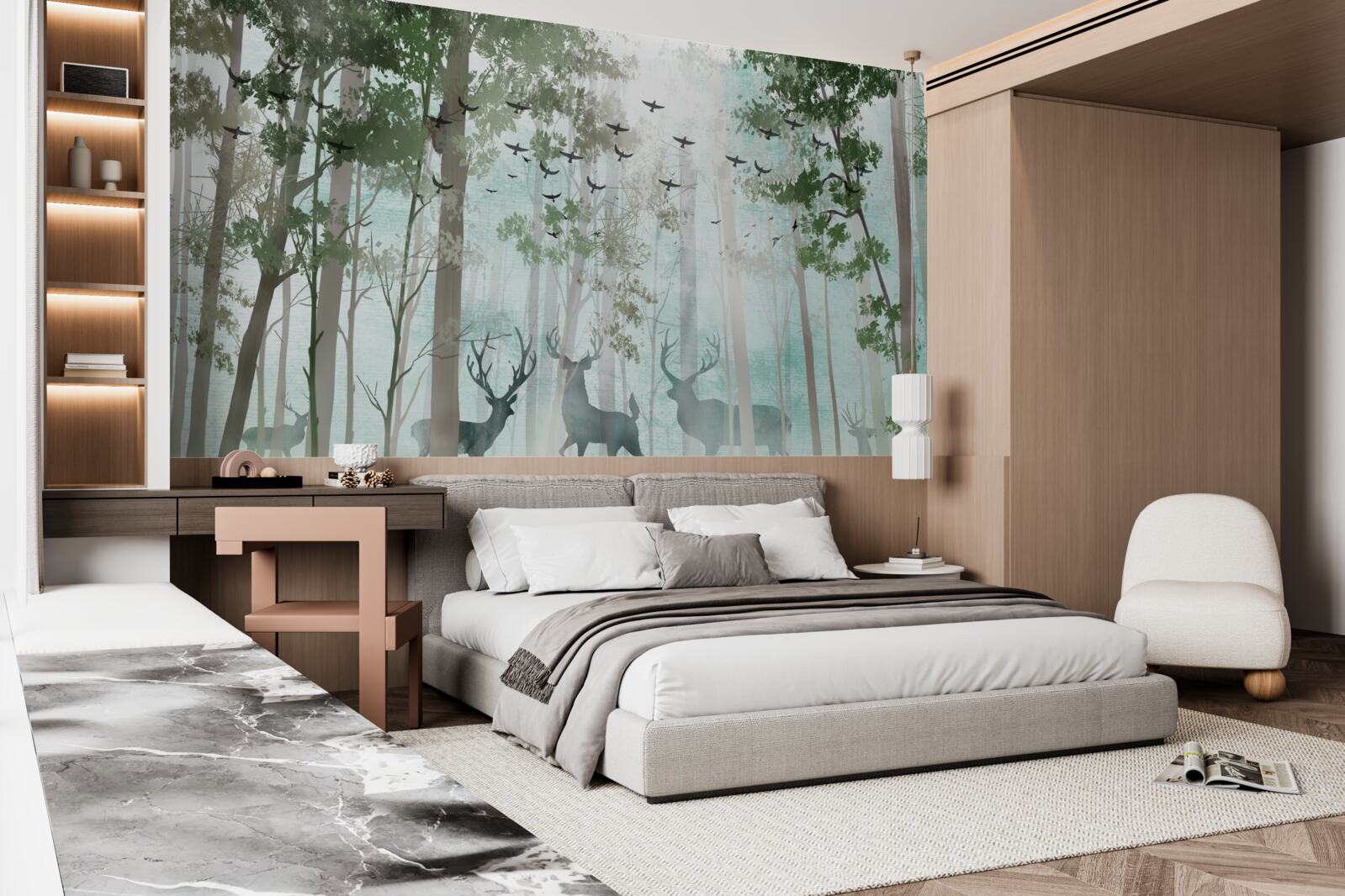 Fototapeta skupinka jeleňov víta ráno v hmlistom lese