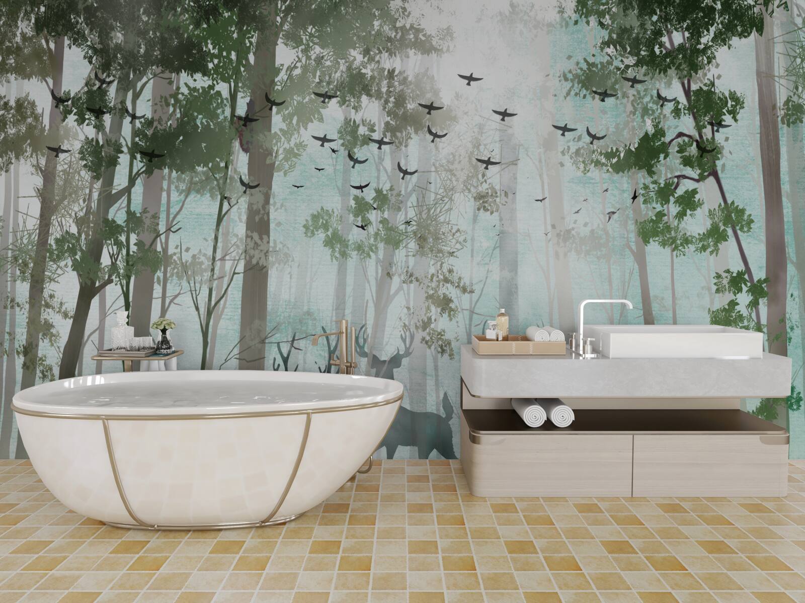 Fototapeta skupinka jeleňov víta ráno v hmlistom lese