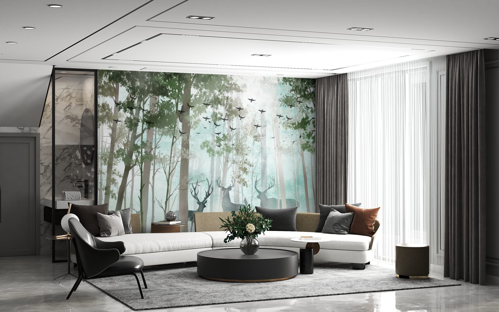 Fototapeta skupinka jeleňov víta ráno v hmlistom lese