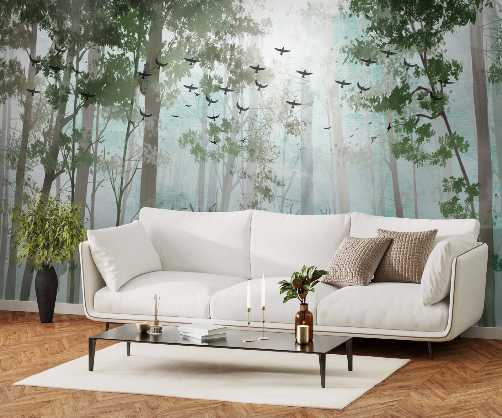 Fototapeta skupinka jeleňov víta ráno v hmlistom lese