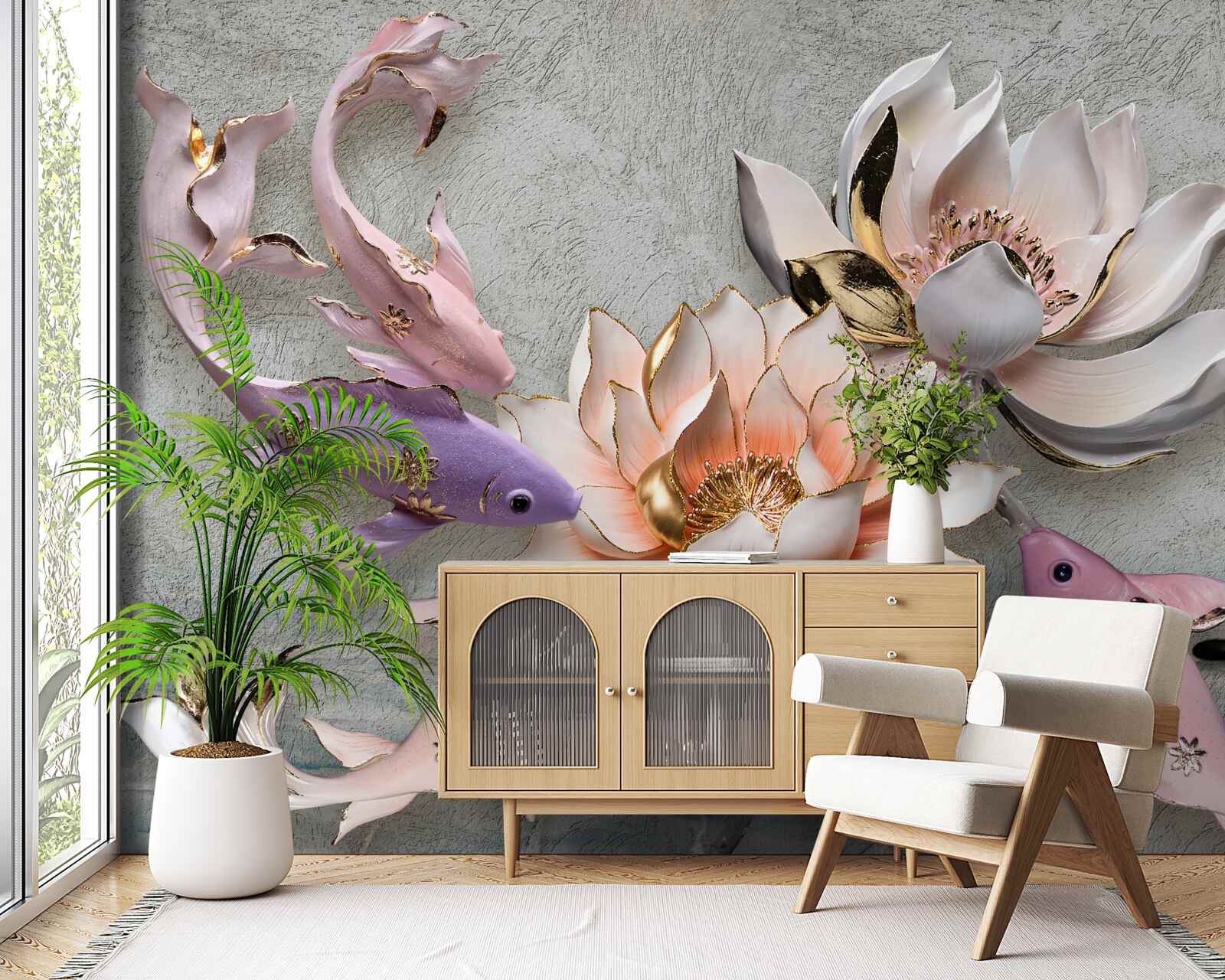 Fototapeta kvety pri jazere, kde plávajú labute