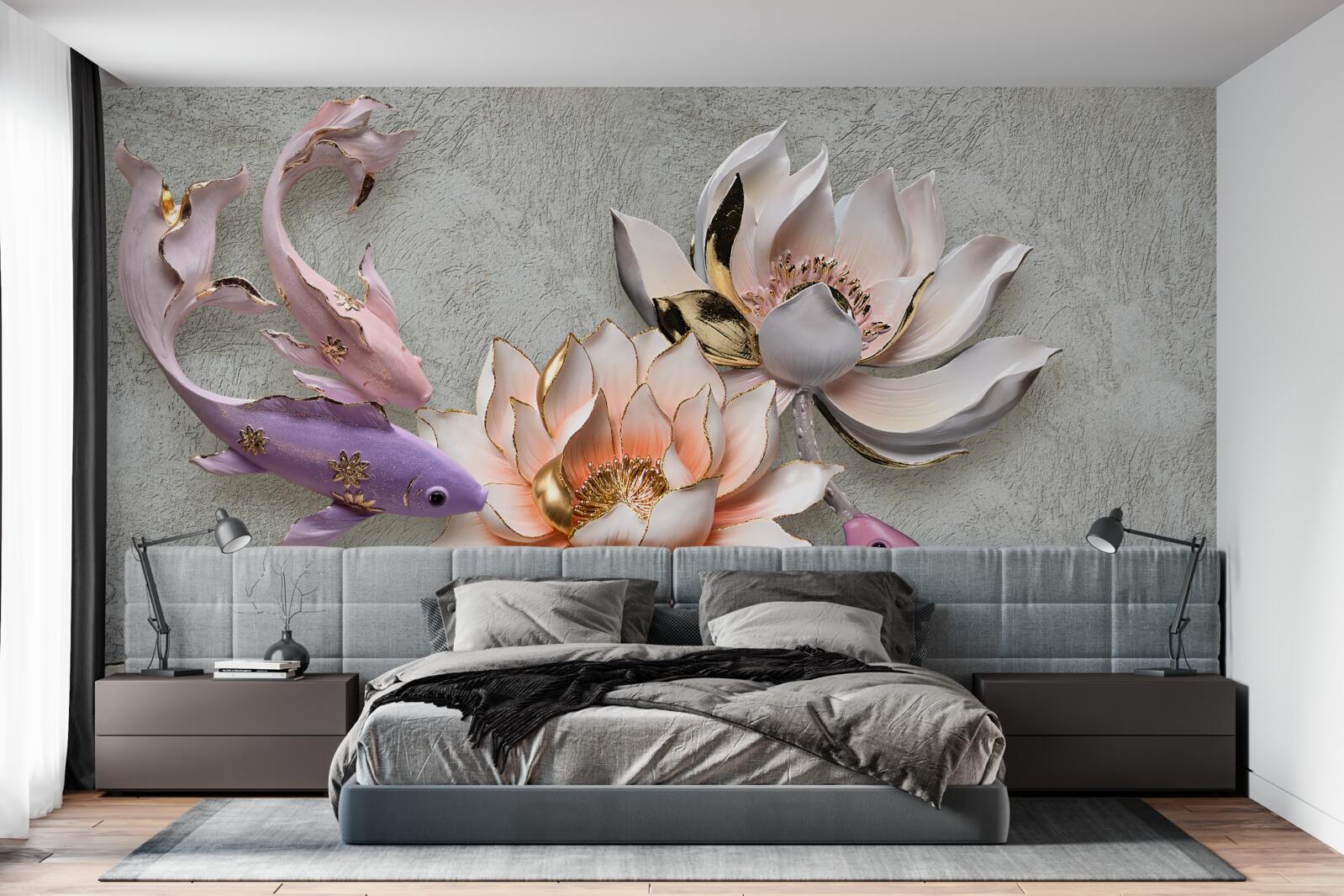 Fototapeta kvety pri jazere, kde plávajú labute