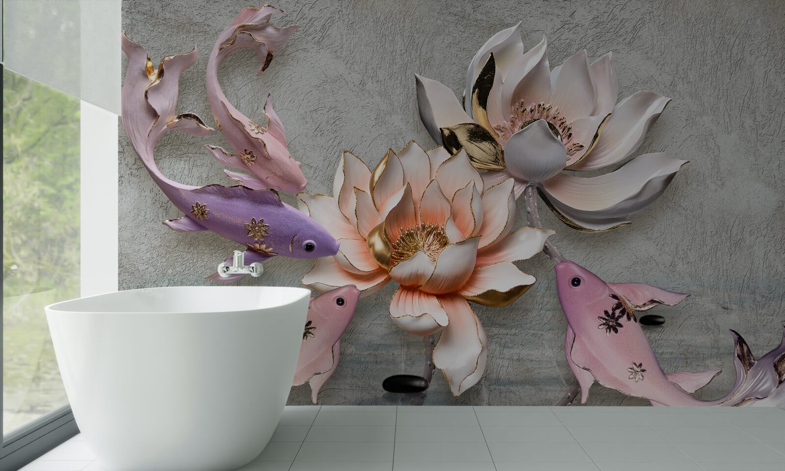 Fototapeta kvety pri jazere, kde plávajú labute