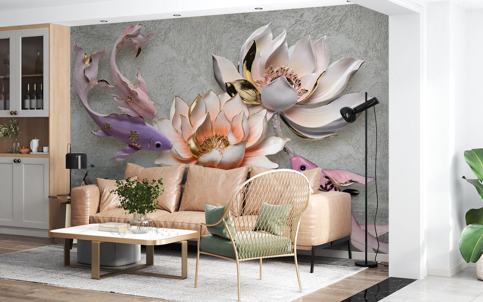 Fototapeta kvety pri jazere, kde plávajú labute