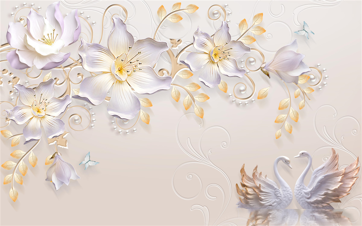 Fototapeta Snehobiele labute a svetelné púčiky