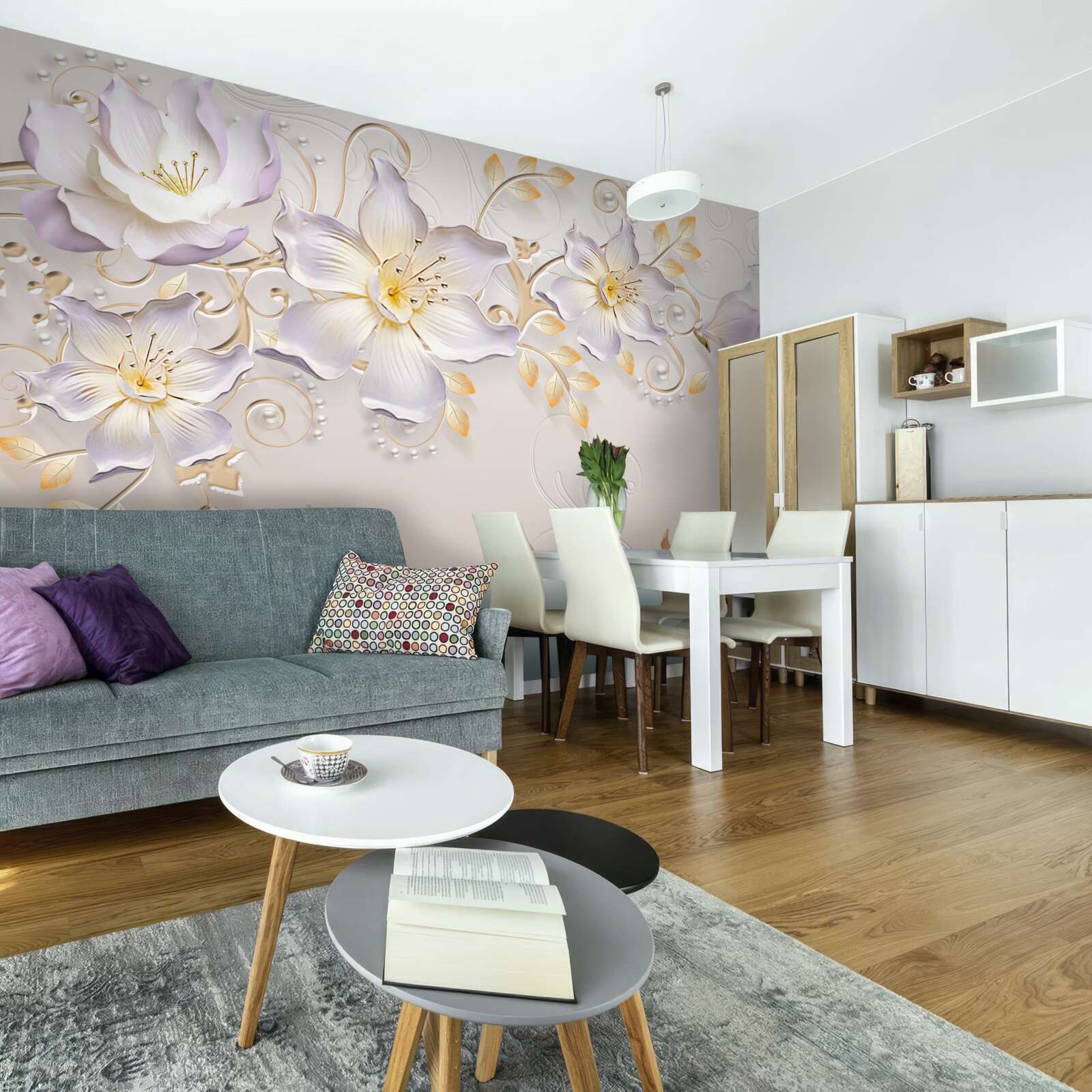 Fototapeta Snehobiele labute a svetelné púčiky