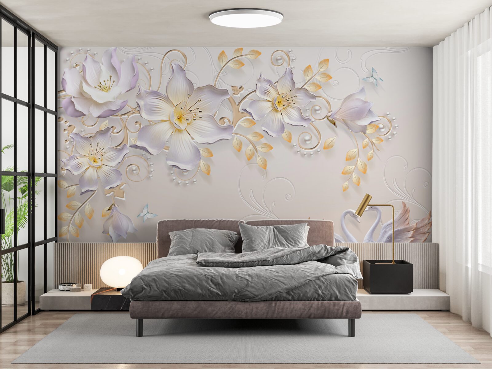 Fototapeta Snehobiele labute a svetelné púčiky