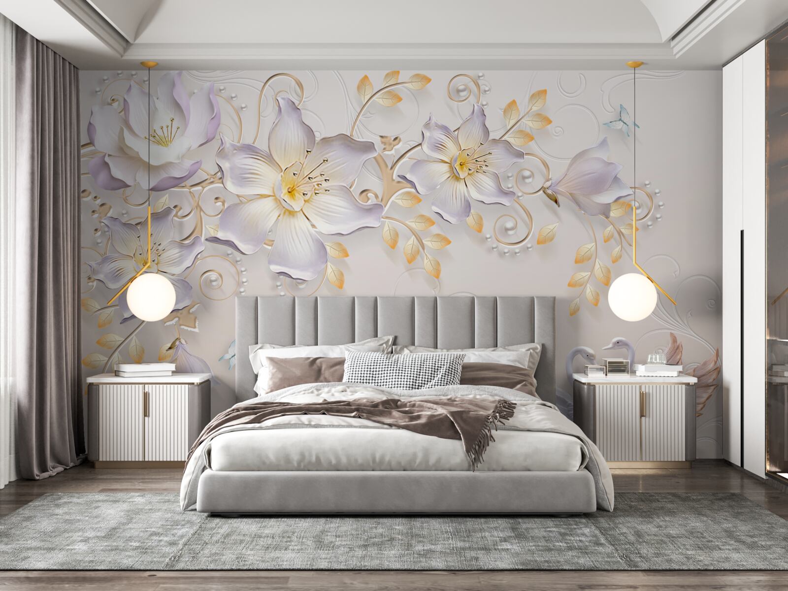 Fototapeta Snehobiele labute a svetelné púčiky