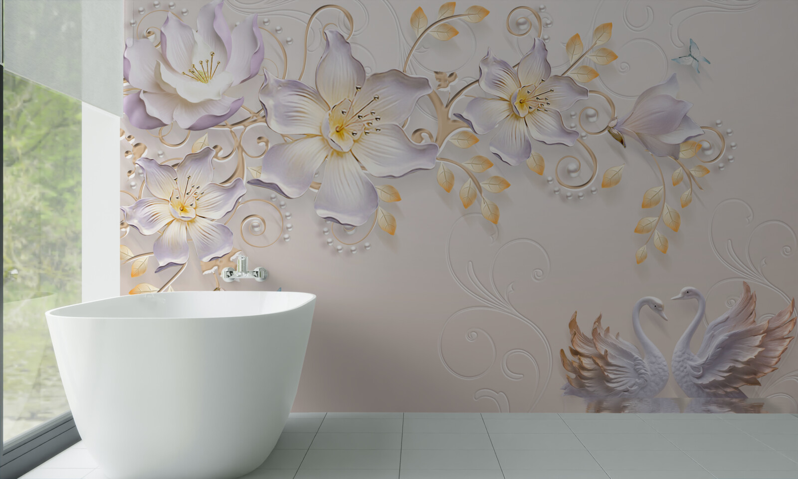 Fototapeta Snehobiele labute a svetelné púčiky