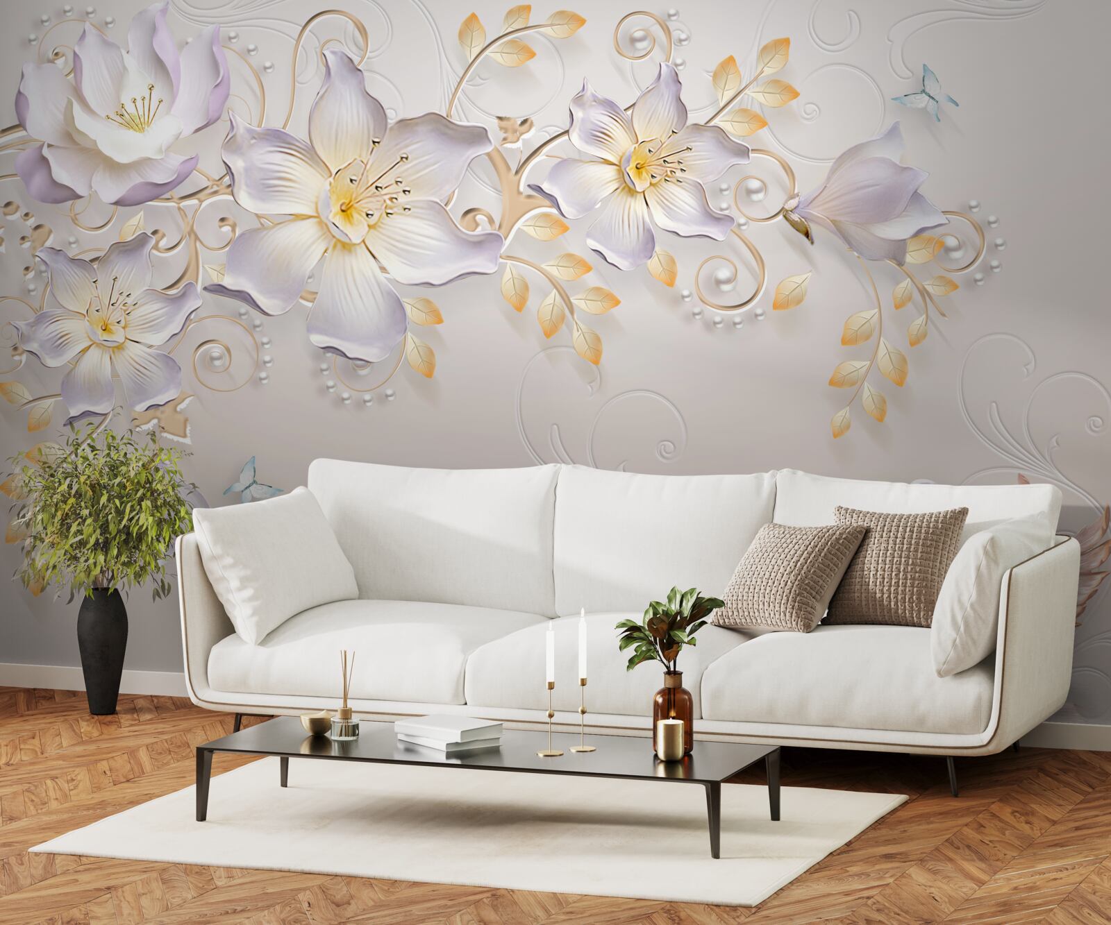 Fototapeta Snehobiele labute a svetelné púčiky