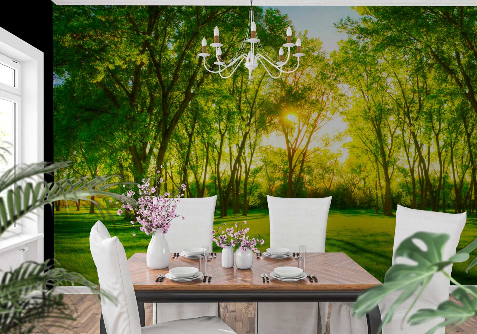 Fototapeta vo svetlej palete zeleného ranného lesa