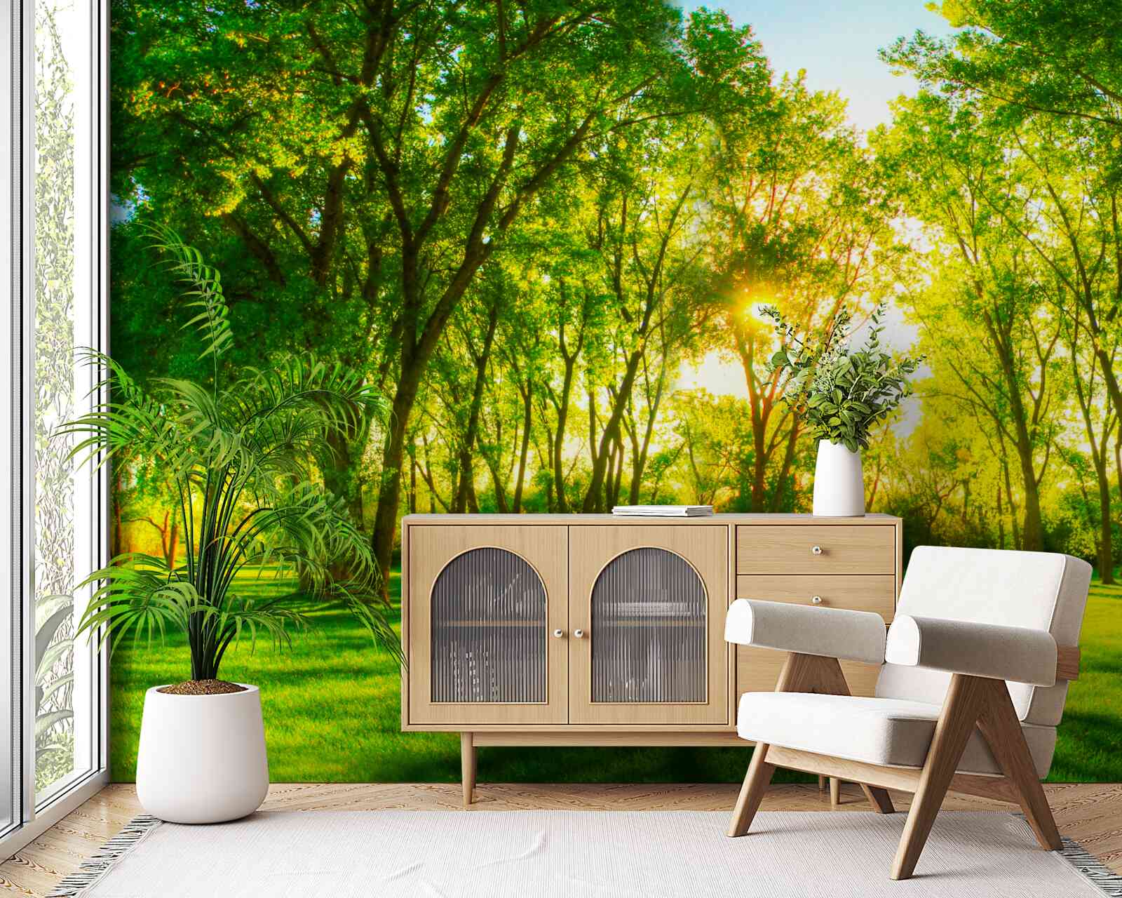 Fototapeta vo svetlej palete zeleného ranného lesa