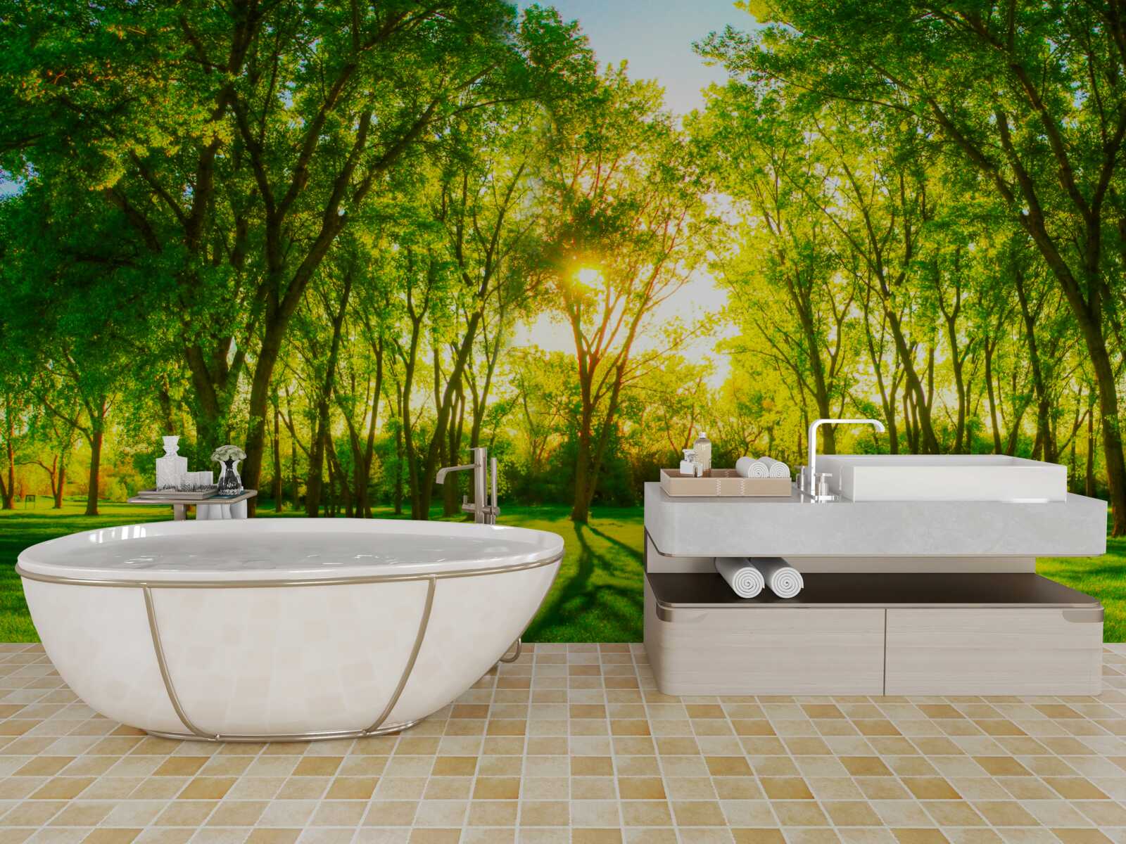 Fototapeta vo svetlej palete zeleného ranného lesa