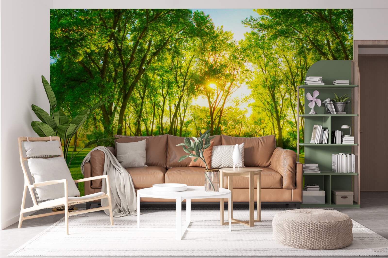 Fototapeta vo svetlej palete zeleného ranného lesa