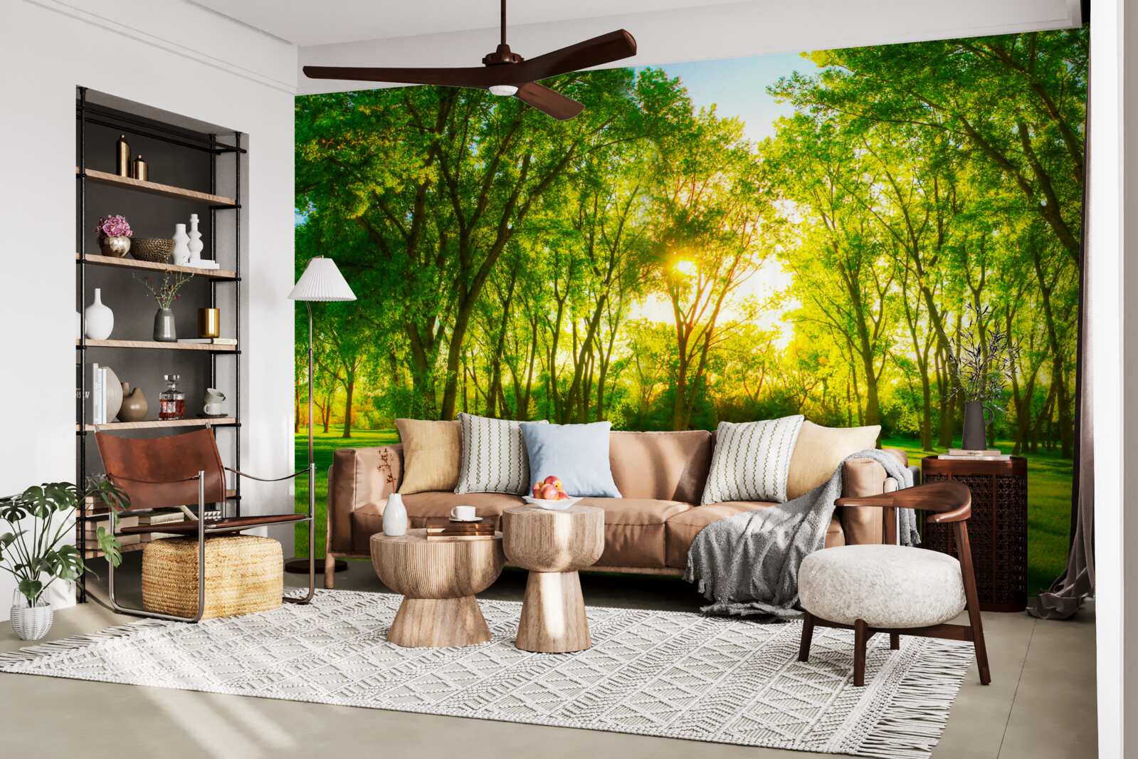 Fototapeta vo svetlej palete zeleného ranného lesa