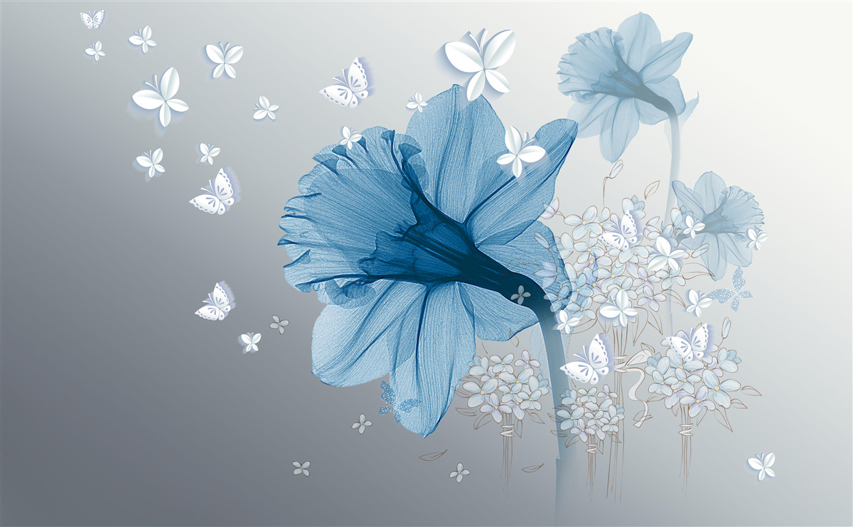 Fototapeta modré kvety sú obklopené bielymi motýľmi