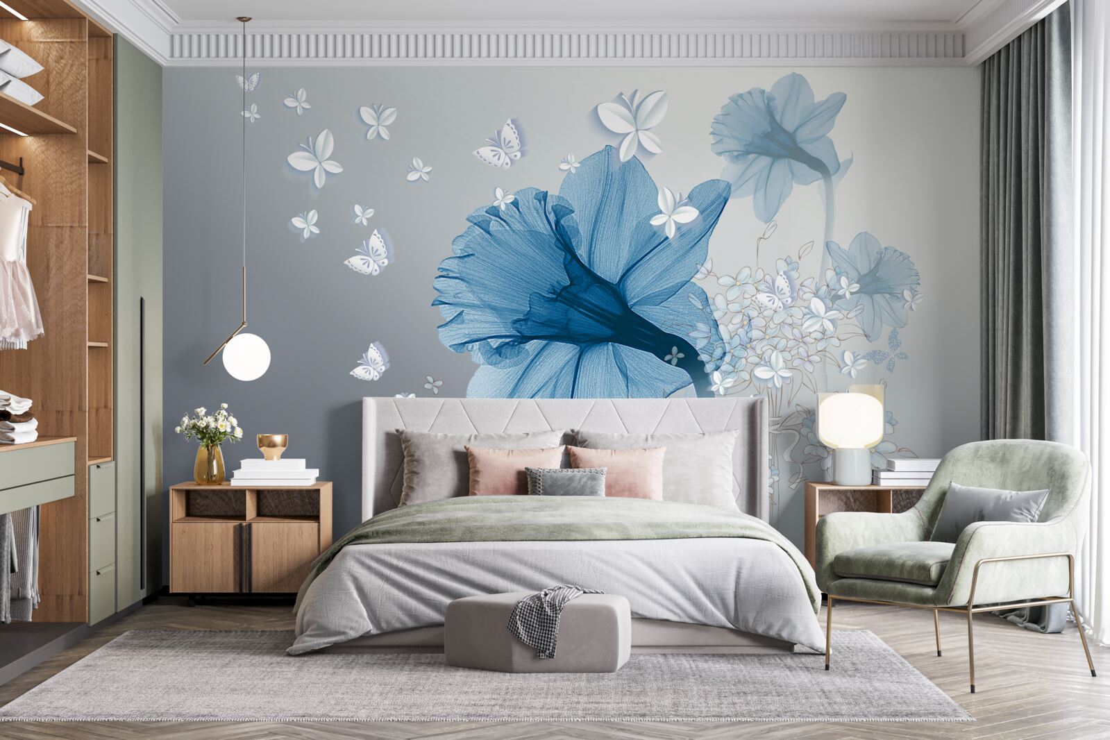 Fototapeta modré kvety sú obklopené bielymi motýľmi