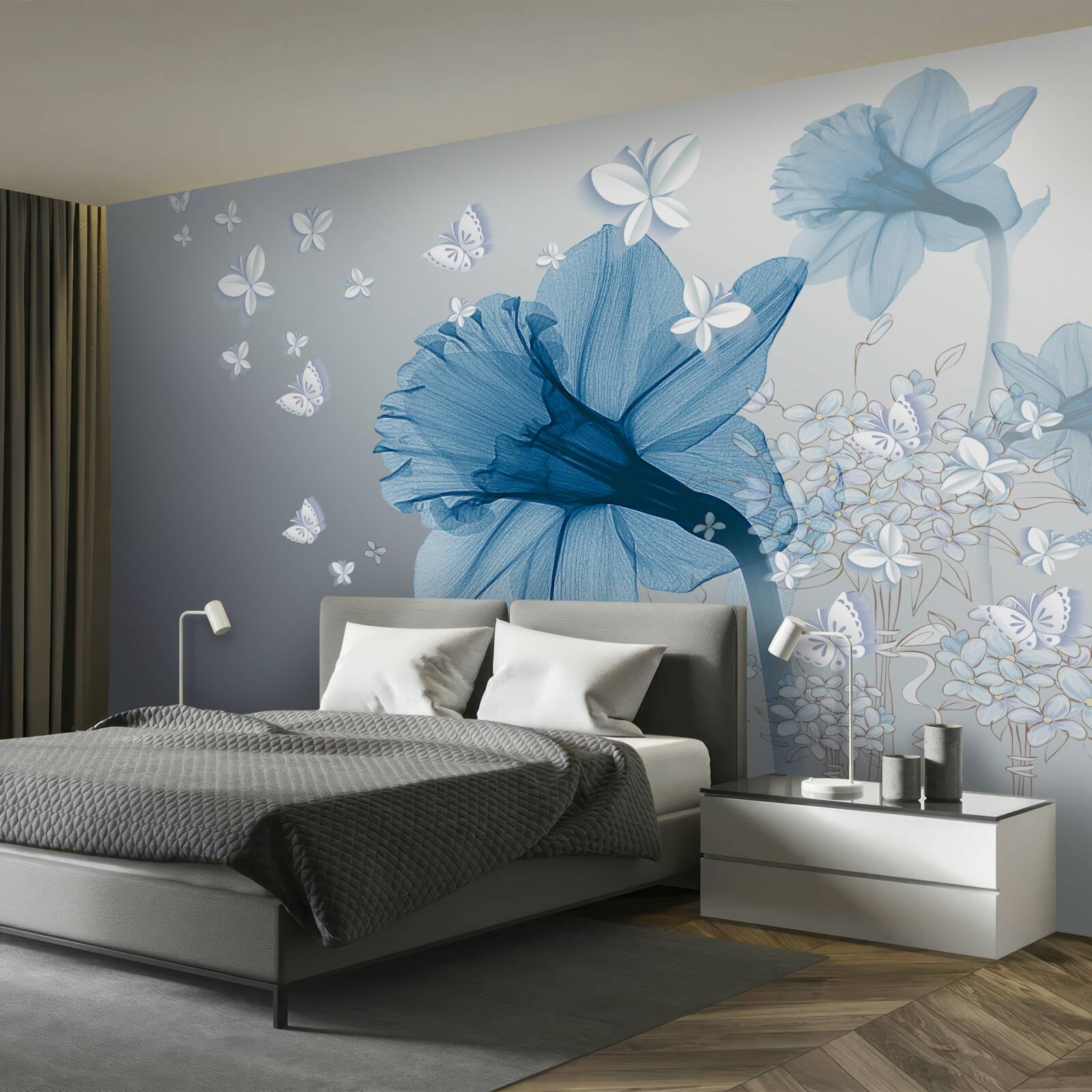 Fototapeta modré kvety sú obklopené bielymi motýľmi