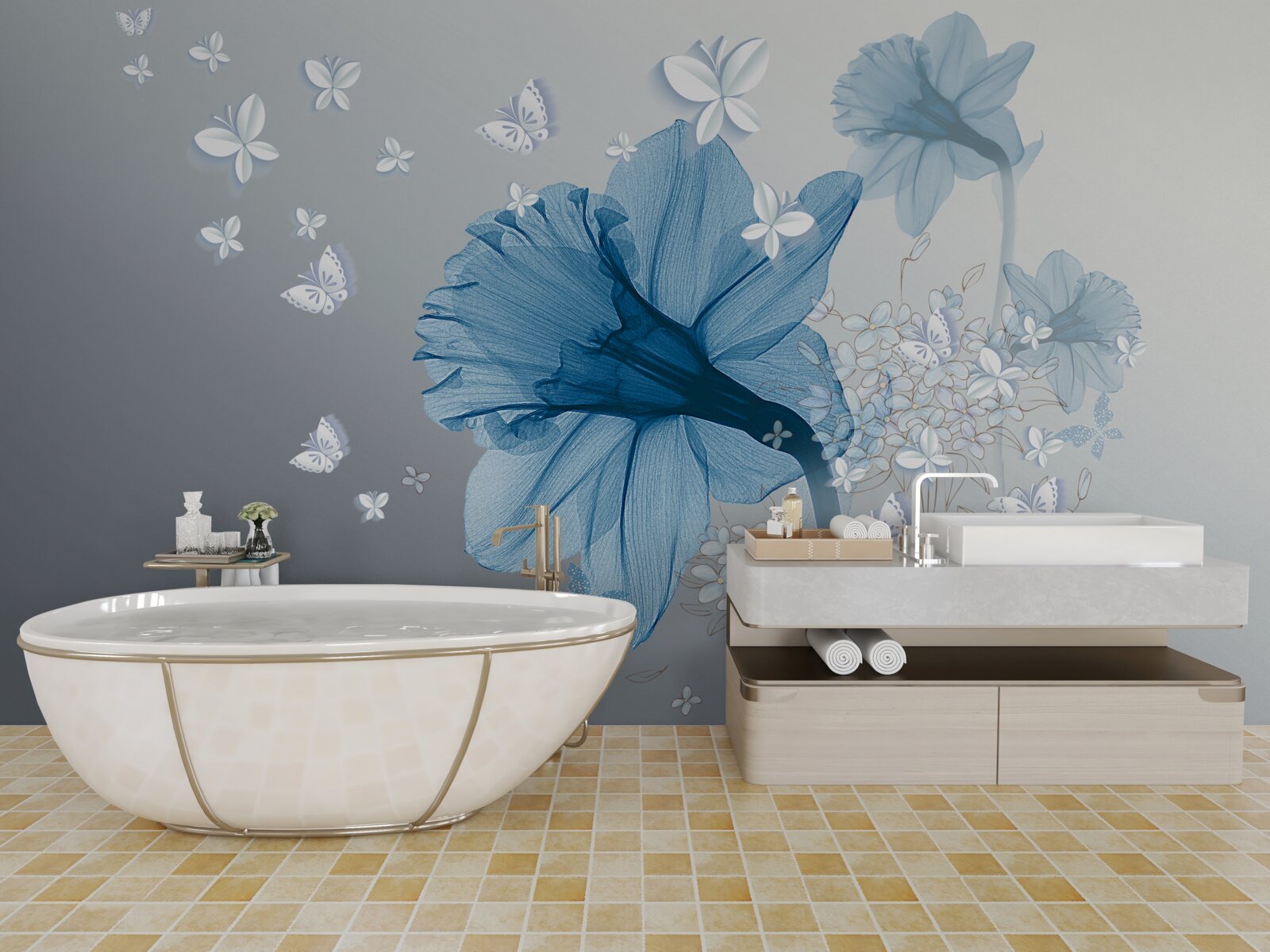 Fototapeta modré kvety sú obklopené bielymi motýľmi