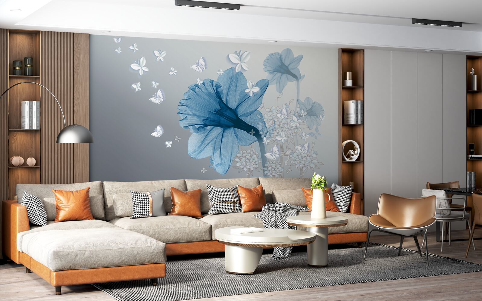 Fototapeta modré kvety sú obklopené bielymi motýľmi