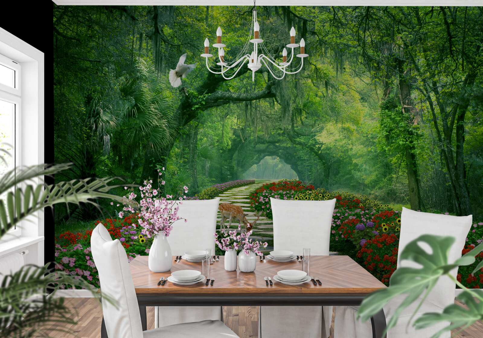 Fototapeta farebný tropický chodník posiaty kvetmi vedúci lesom