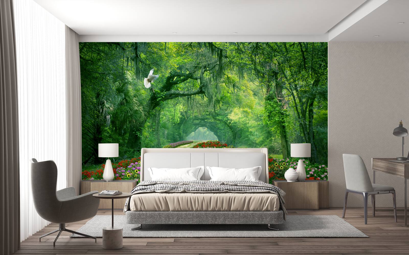 Fototapeta farebný tropický chodník posiaty kvetmi vedúci lesom