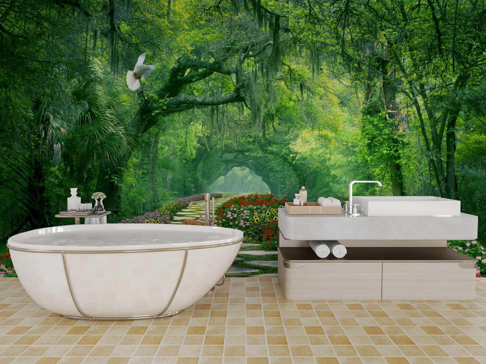 Fototapeta farebný tropický chodník posiaty kvetmi vedúci lesom