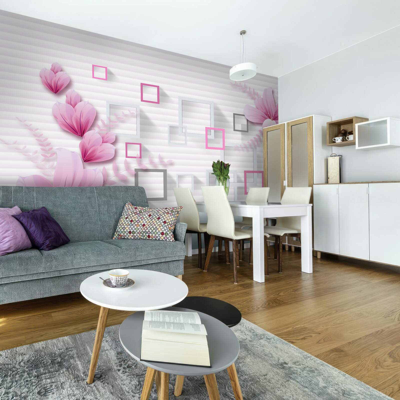 Fototapeta štvorce a orgovánové kvety na snehobielej tehle