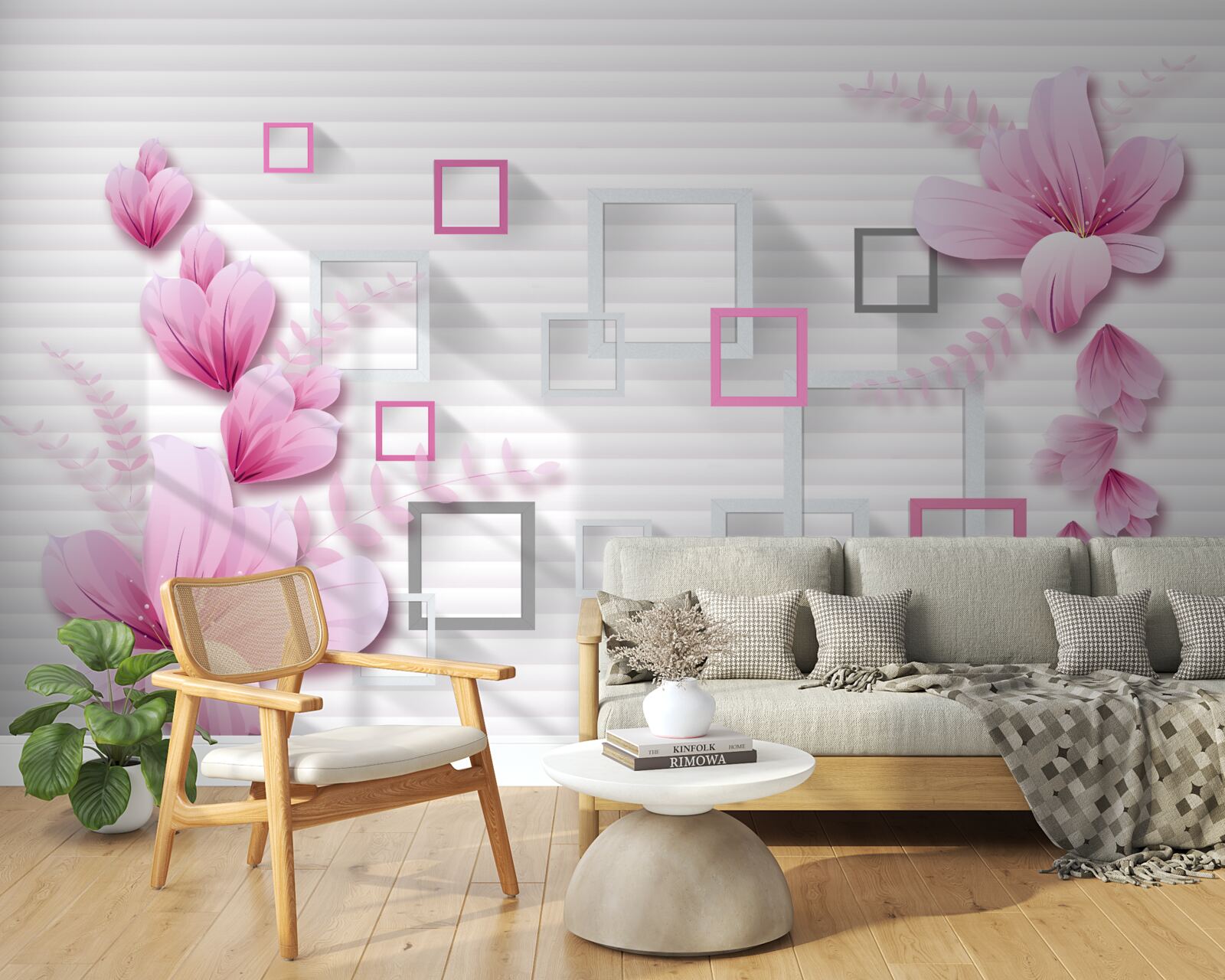 Fototapeta štvorce a orgovánové kvety na snehobielej tehle