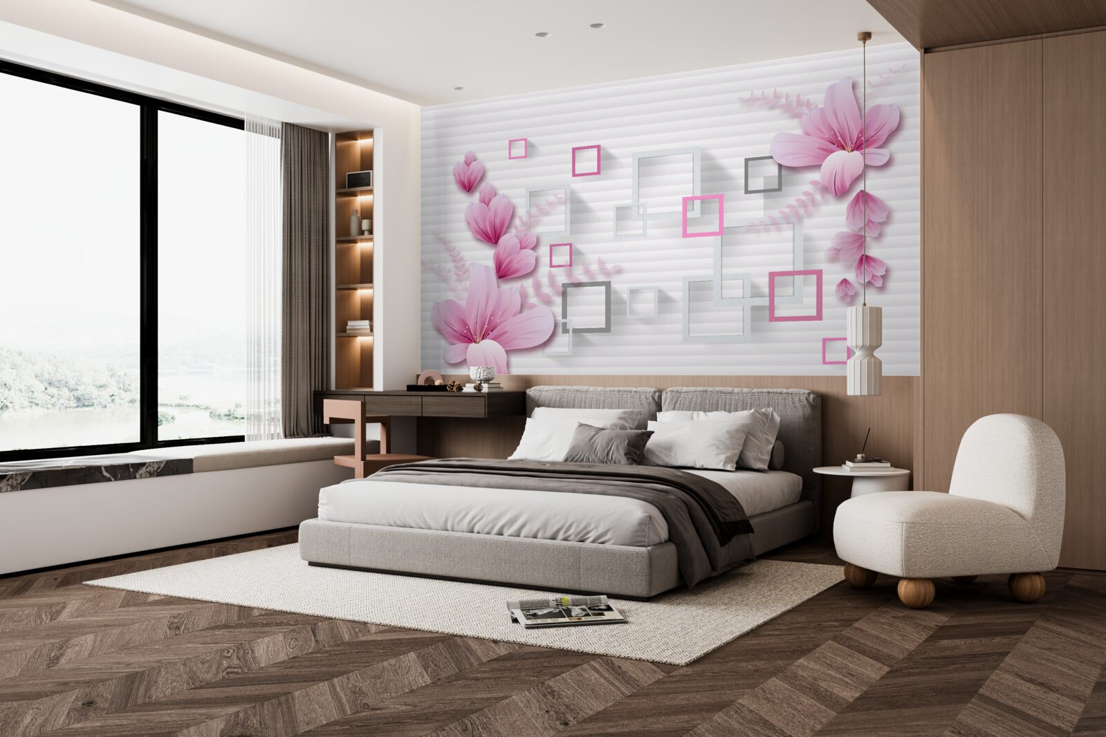 Fototapeta štvorce a orgovánové kvety na snehobielej tehle