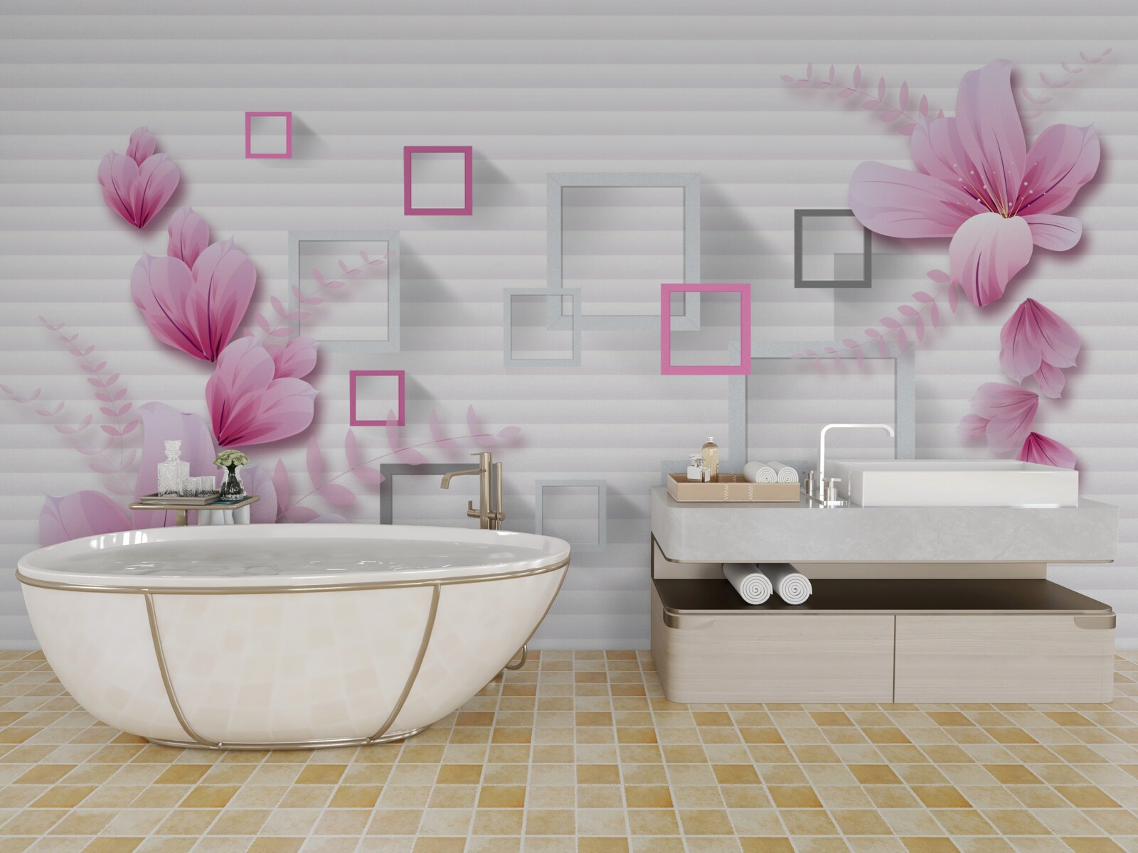 Fototapeta štvorce a orgovánové kvety na snehobielej tehle